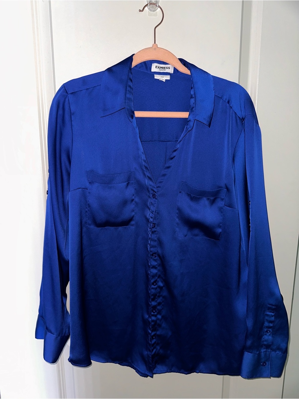 Express Satin Button-Front Blouse in Cobalt Blue